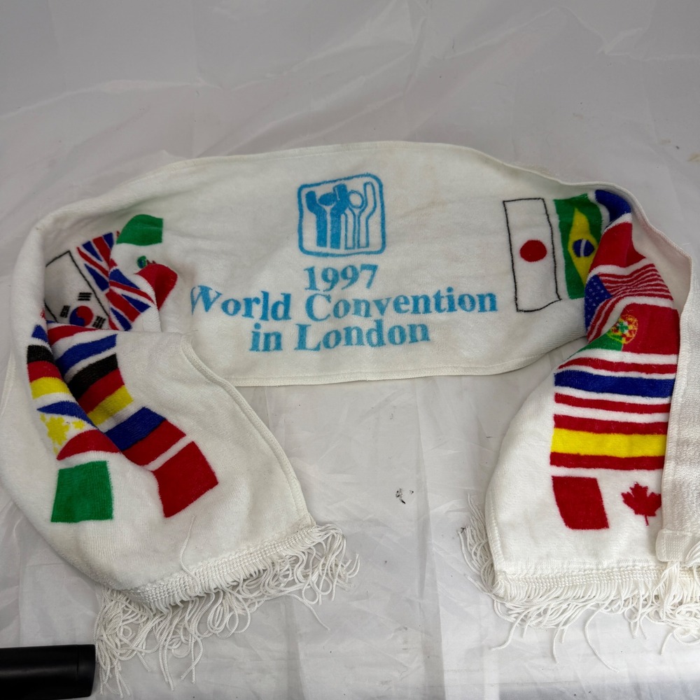 Vintage 1997 World Convention London Multi Flag Scarf Cotton Terry Fringe White